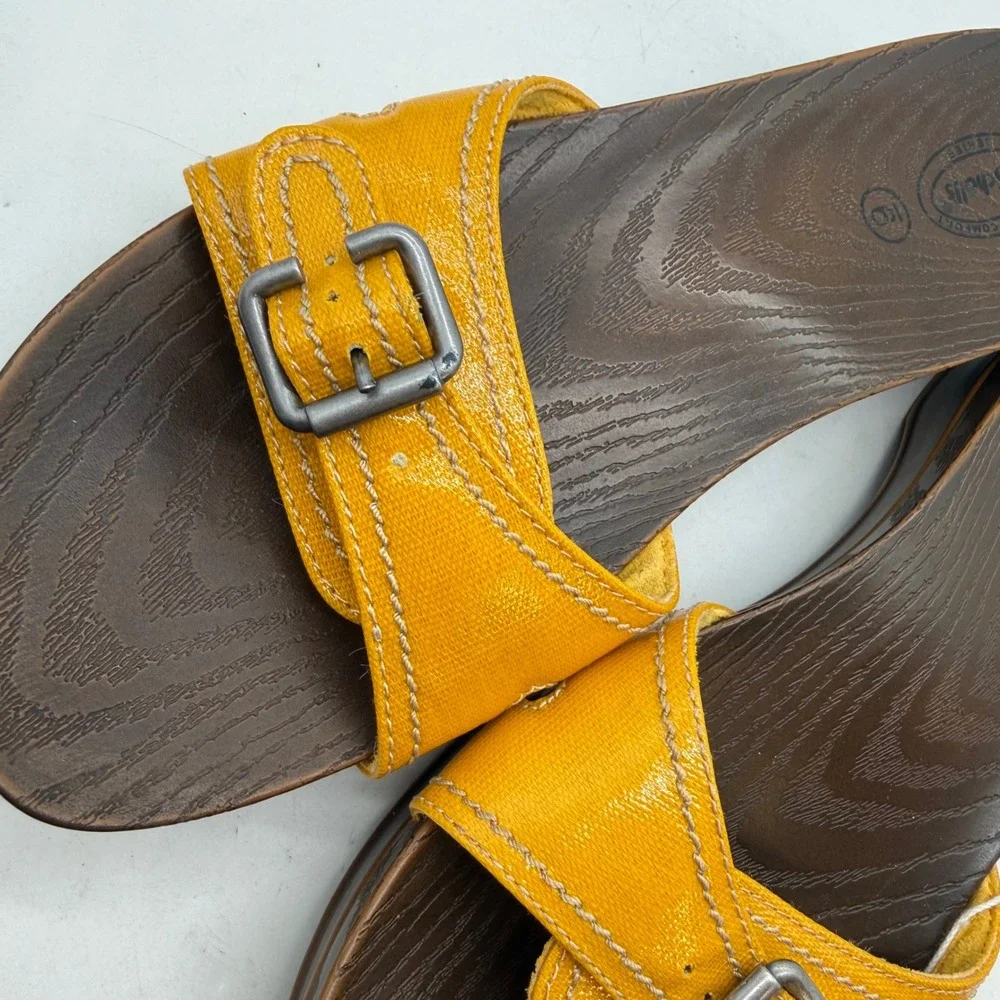 Dr Scholls Womens Yellow Faux Wood Wedge Slide Sandals Size 9 Retro Summer Boho